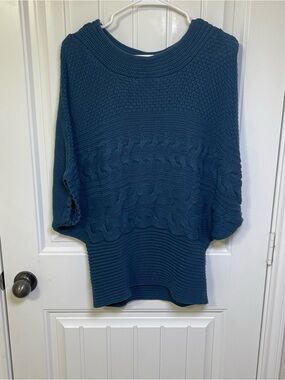 Elle Womens Large Blue Cable Knit Dolman Short Sleeve Pullover Sweater